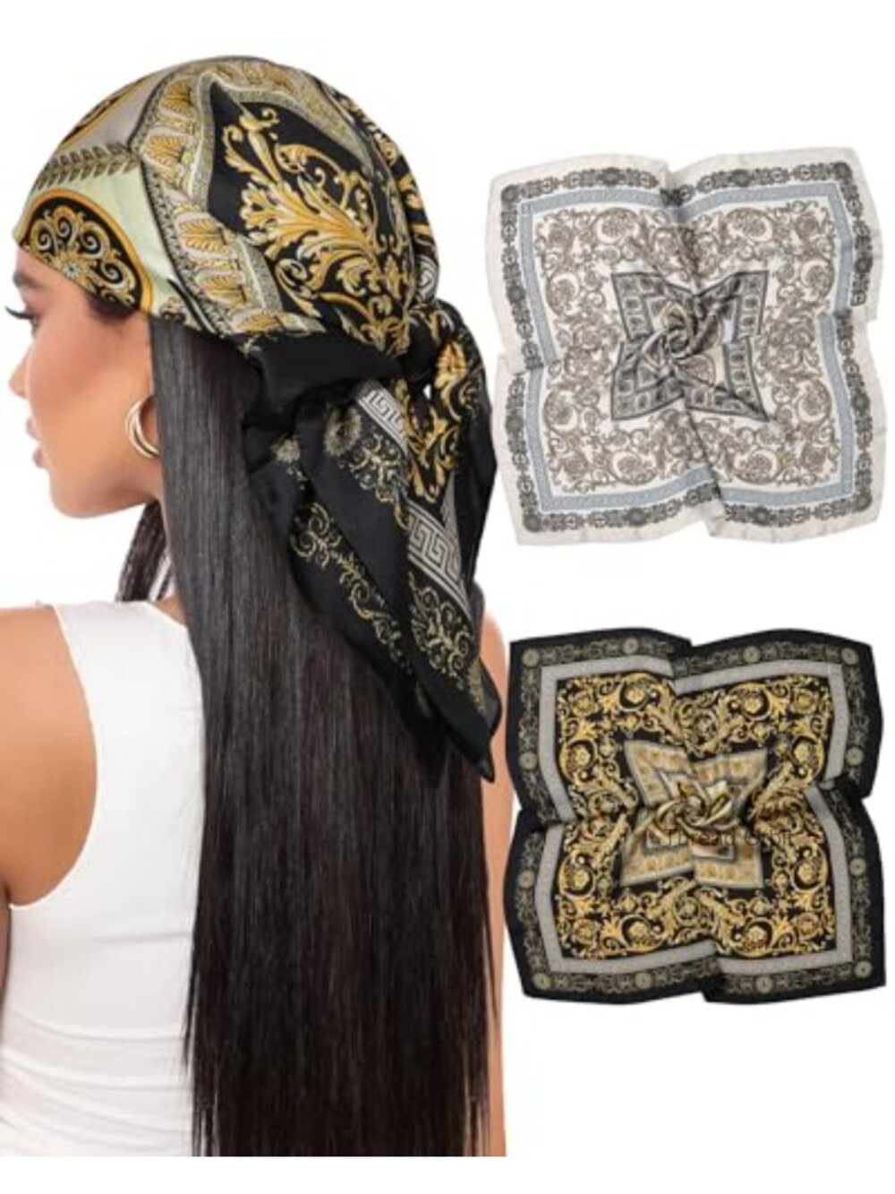 2pc 27.5" Satin Hair Scarf Set Silk Feel Wrap Bandana Headband Neck Scarf